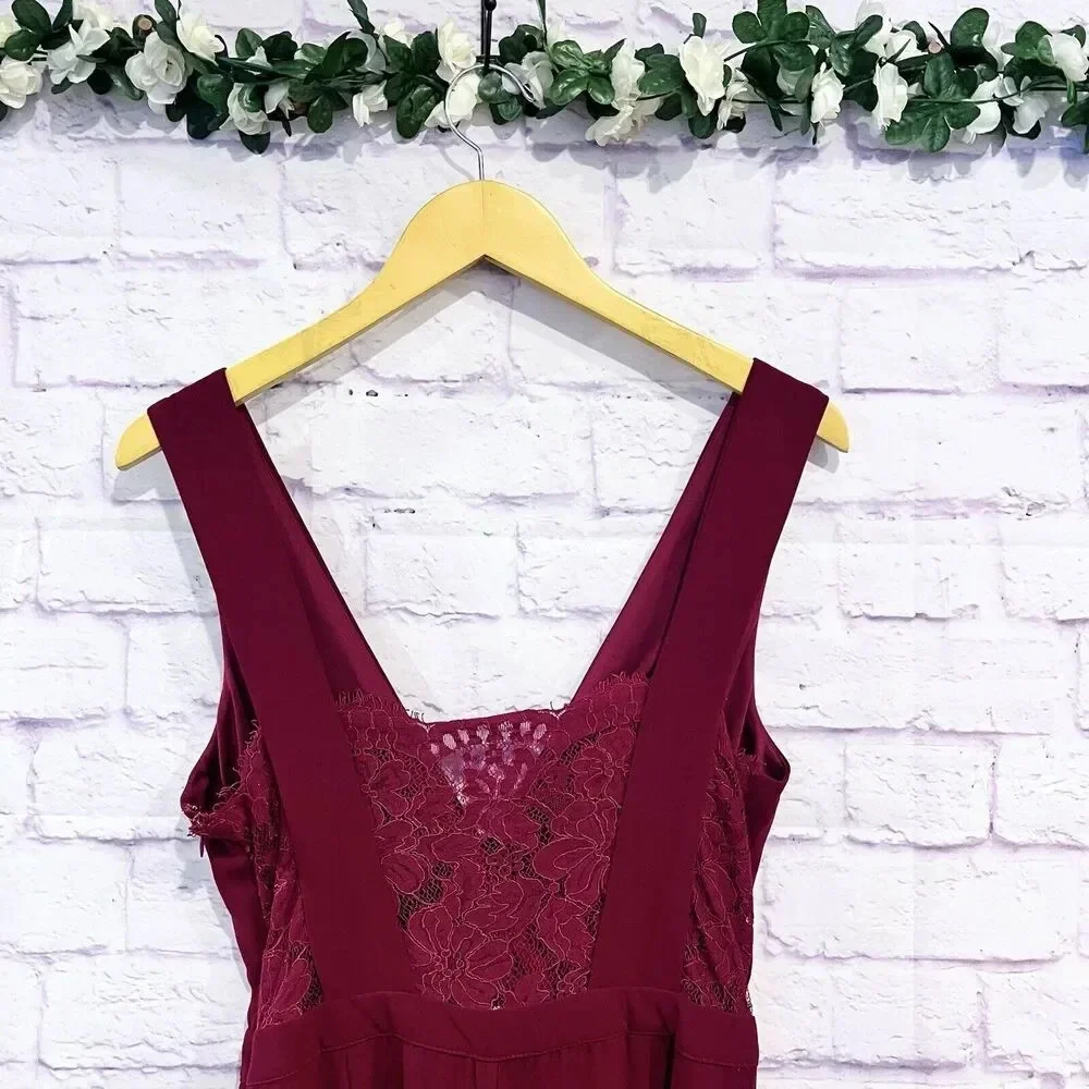 Lulu’s Women's Burgundy Kiska Lace Back Wide Leg Jumpsuit side Pockets Medium - Picture 6 of 16